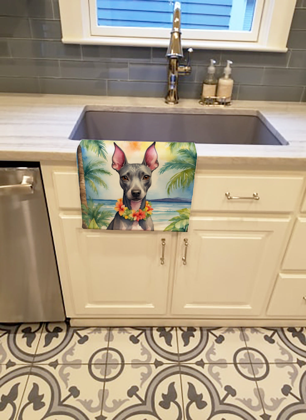 American Hairless Terrier Luau Kitchen Towel Velour Plush Front and Cotton Loop Back Machine Washable