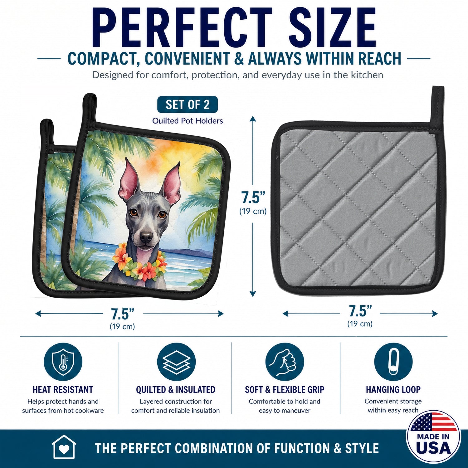 American Hairless Terrier Luau Pot Holder Set of 2 Heat Resistant Quilted Hot Pads 7.5 x 7.5 Inch, Insulated Kitchen Trivets for Cooking & Baking
