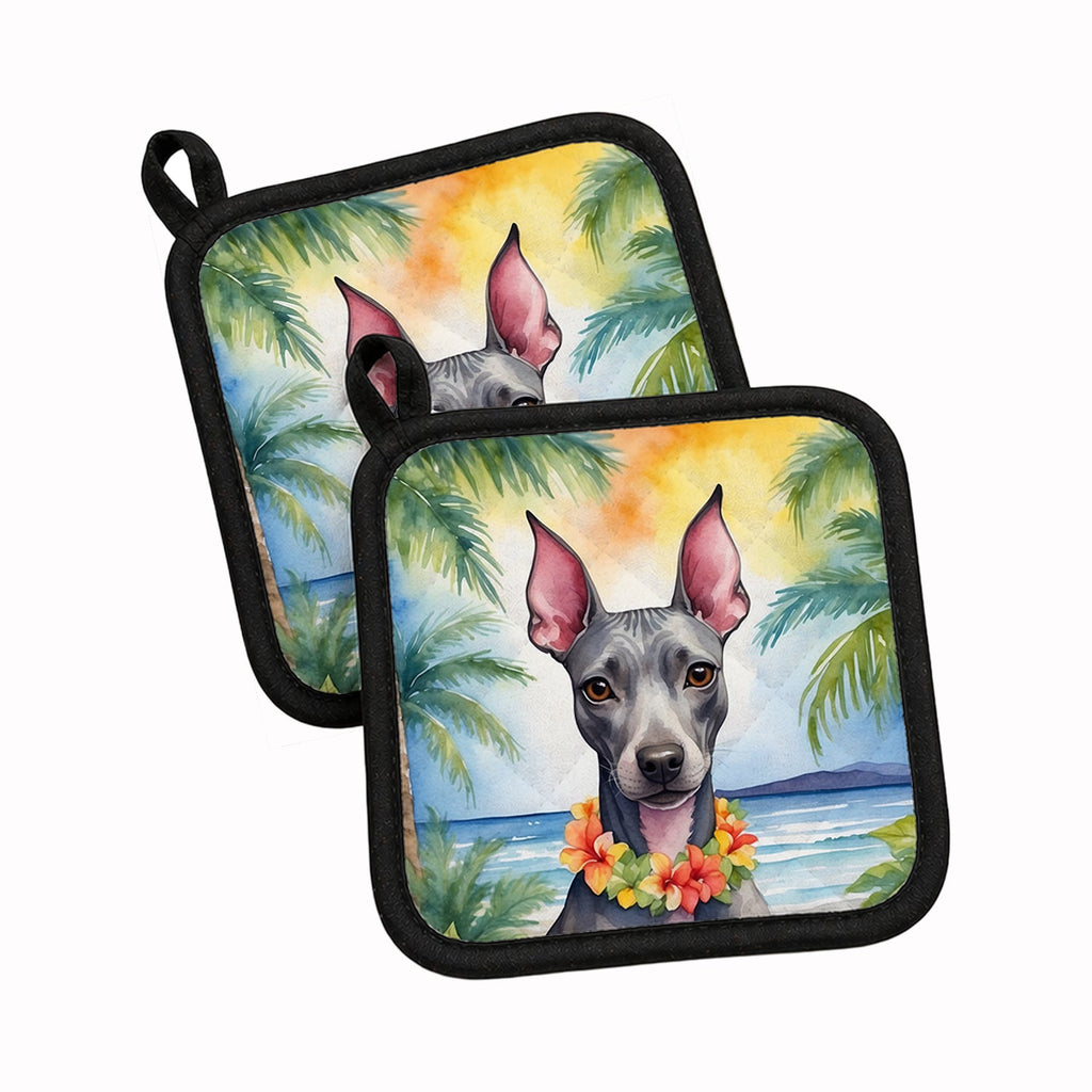 American Hairless Terrier Luau Pot Holder Set of 2 Heat Resistant Quilted Hot Pads 7.5 x 7.5 Inch, Insulated Kitchen Trivets for Cooking & Baking