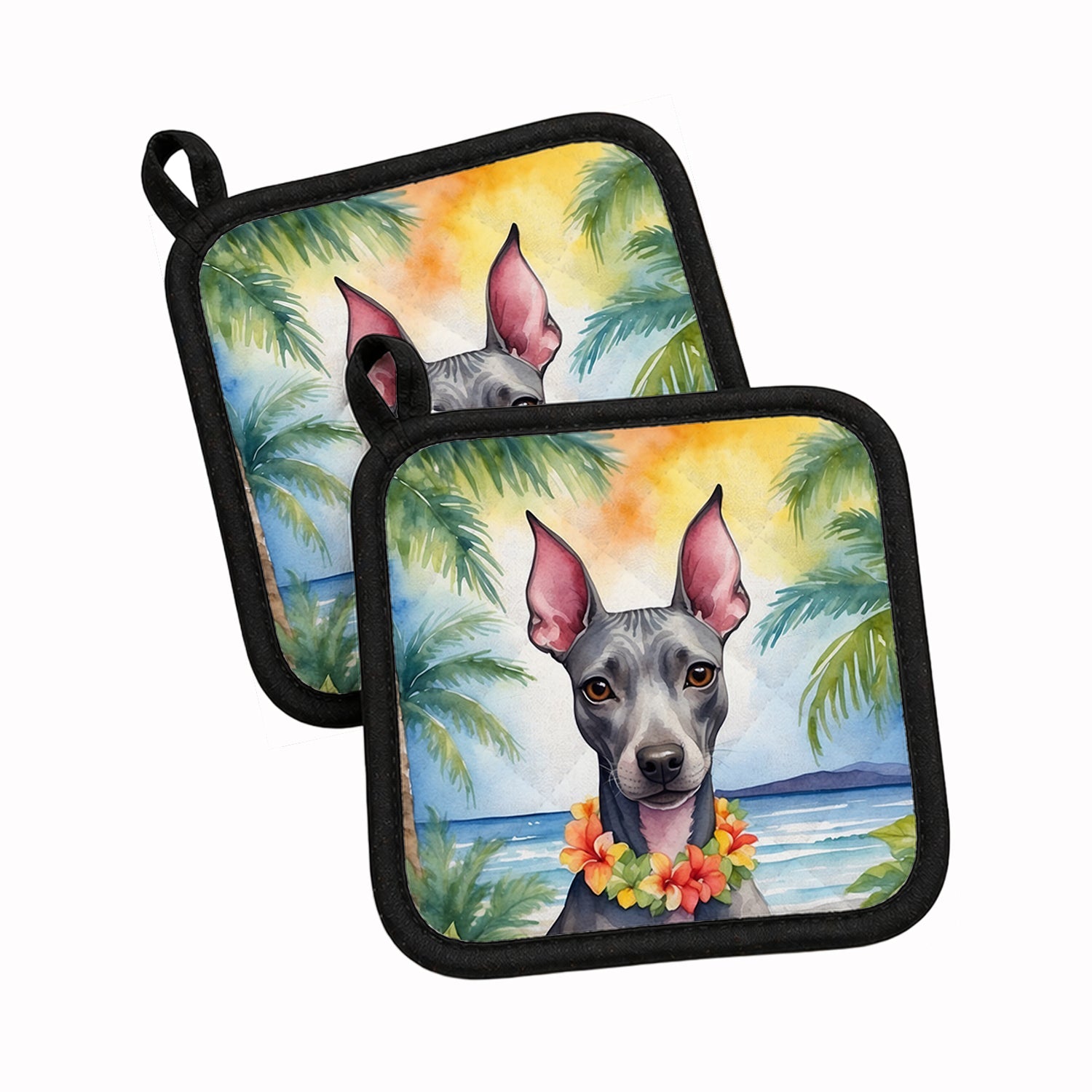 American Hairless Terrier Luau Pot Holder Set of 2 Heat Resistant Quilted Hot Pads 7.5 x 7.5 Inch, Insulated Kitchen Trivets for Cooking & Baking
