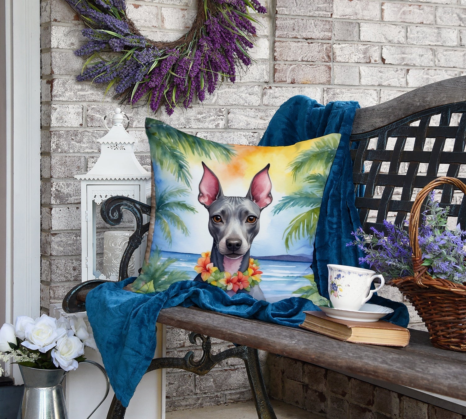 American Hairless Terrier Luau Decorative Throw Pillow 18x18 Indoor Outdoor Accent Cushion, Fabric Cover with Insert for Sofa, Bed, Porch & Living Room