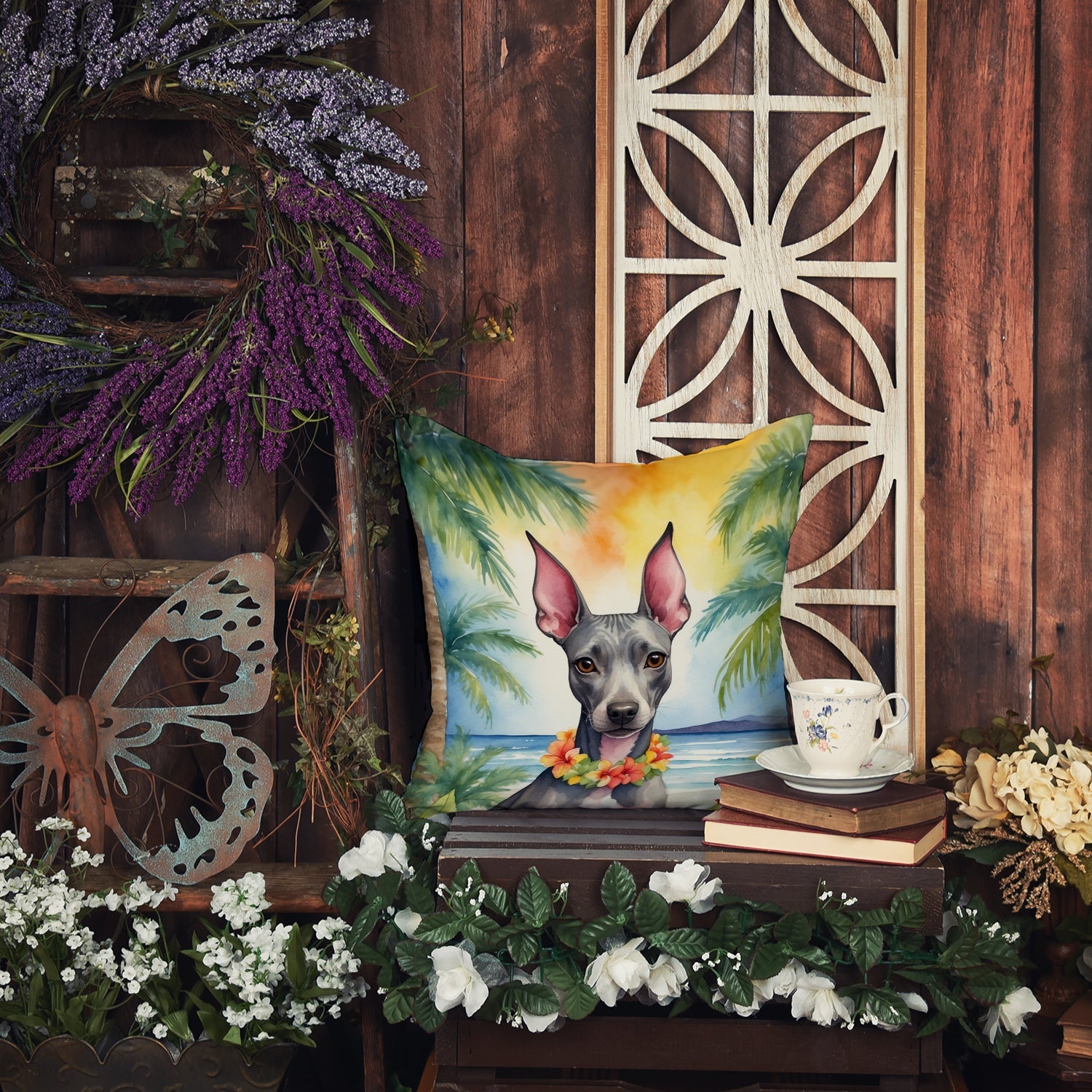 American Hairless Terrier Luau Decorative Throw Pillow 18x18 Indoor Outdoor Accent Cushion, Fabric Cover with Insert for Sofa, Bed, Porch & Living Room
