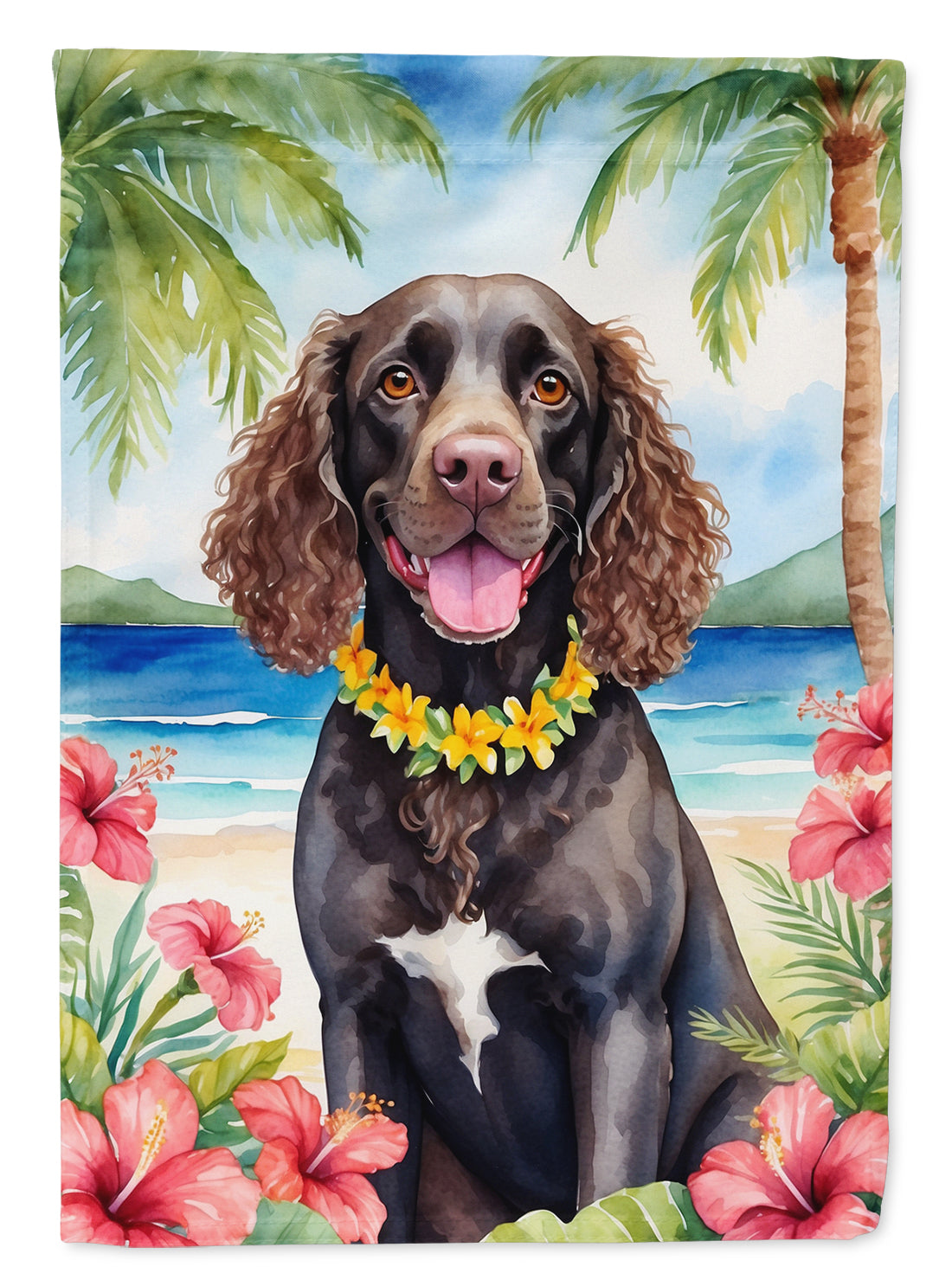 American Water Spaniel Luau House Flag 28x40 Porch Sleeve Pole Decorative Outside Yard Banner Artwork Wall Hanging, Polyester
