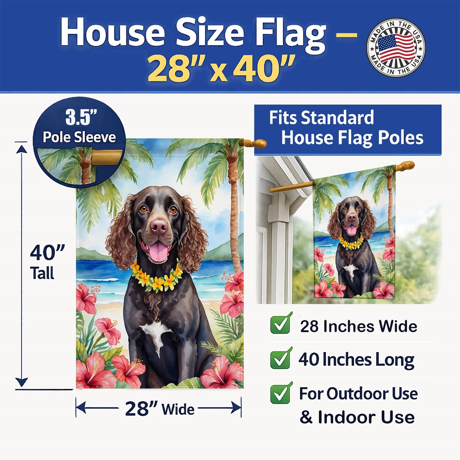American Water Spaniel Luau House Flag 28x40 Porch Sleeve Pole Decorative Outside Yard Banner Artwork Wall Hanging, Polyester