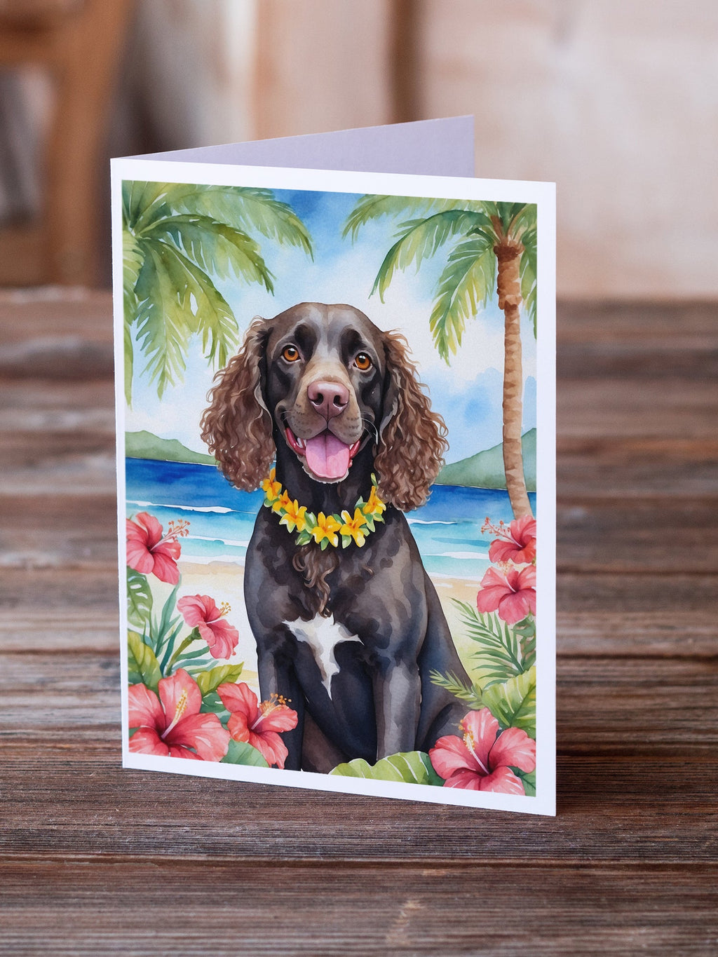 American Water Spaniel Luau Greeting Cards Pack of 8 Blank Cards with Envelopes Whimsical A7 Size 5x7