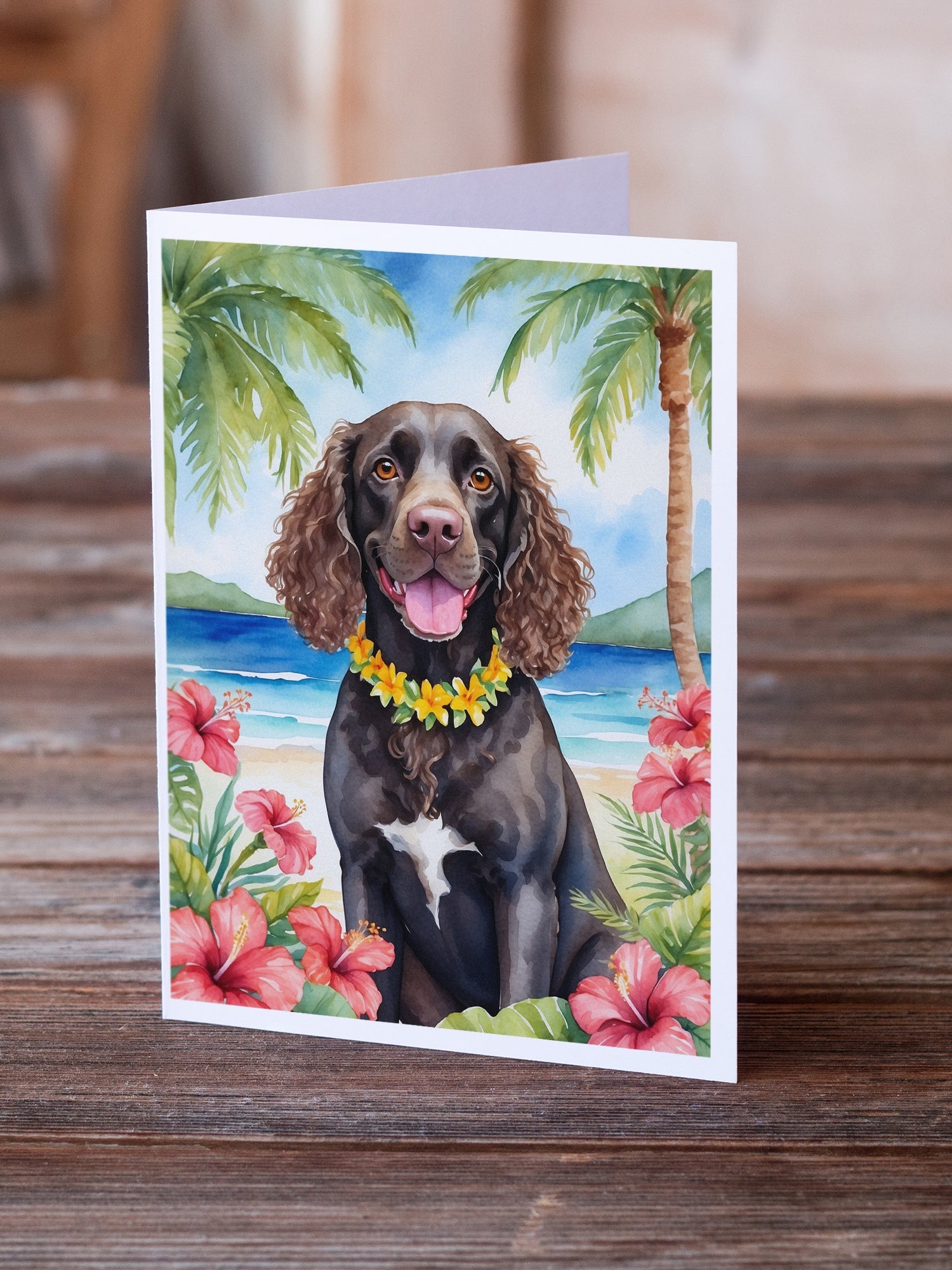 American Water Spaniel Luau Greeting Cards Pack of 8 Blank Cards with Envelopes Whimsical A7 Size 5x7