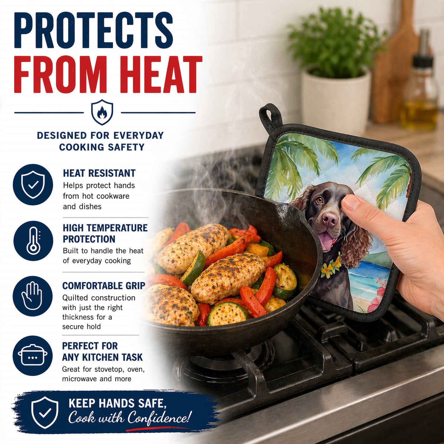 American Water Spaniel Luau Pot Holder Set of 2 Heat Resistant Quilted Hot Pads 7.5 x 7.5 Inch, Insulated Kitchen Trivets for Cooking & Baking