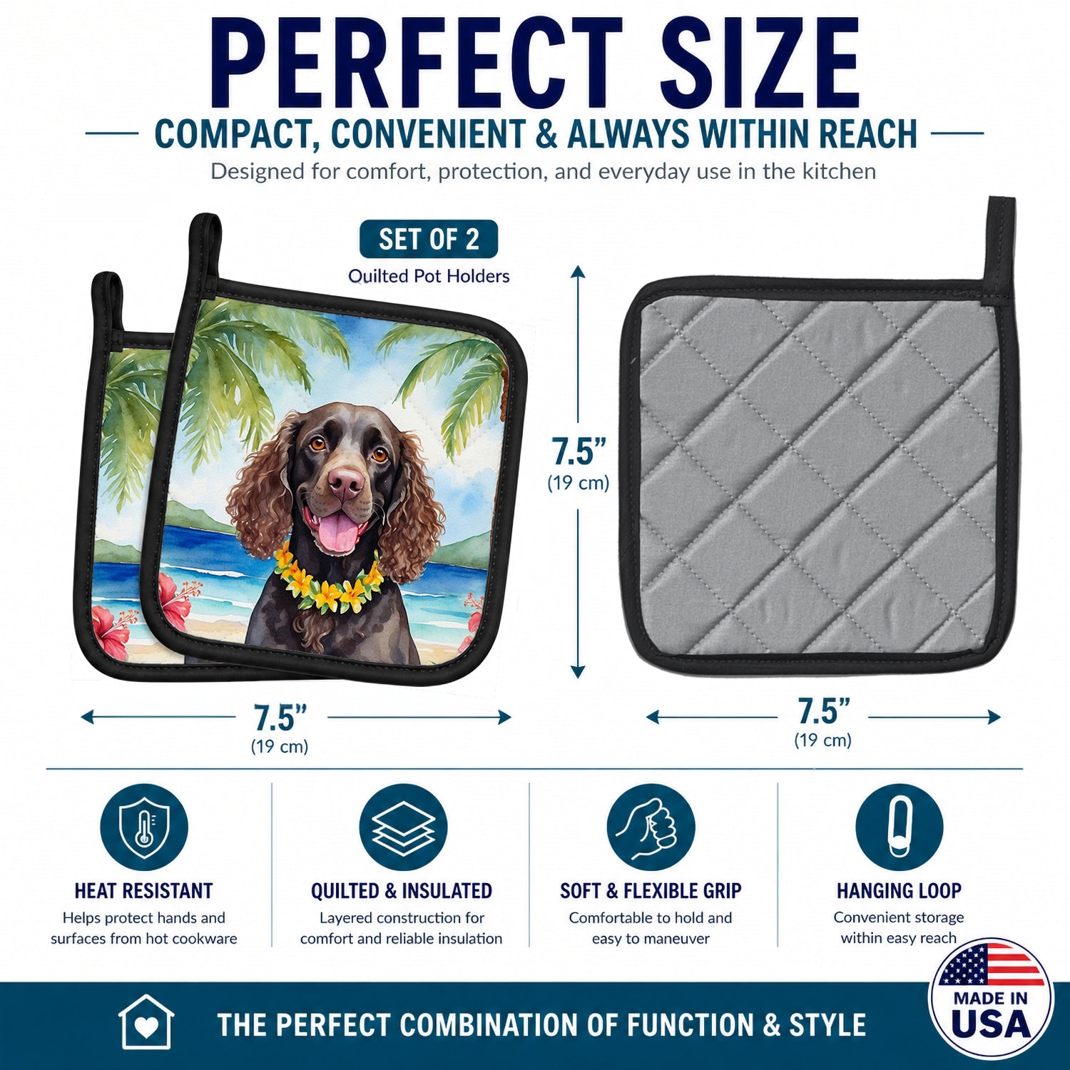 American Water Spaniel Luau Pot Holder Set of 2 Heat Resistant Quilted Hot Pads 7.5 x 7.5 Inch, Insulated Kitchen Trivets for Cooking & Baking