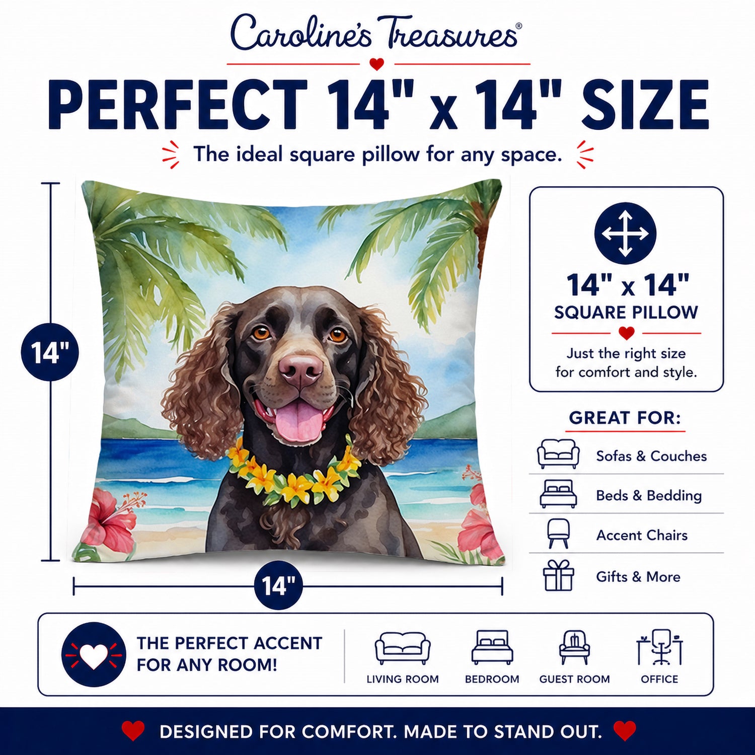 American Water Spaniel Luau Decorative Throw Pillow 14x14 Indoor Outdoor Accent Cushion, Fabric Cover with Insert for Sofa, Bed, Porch & Living Room