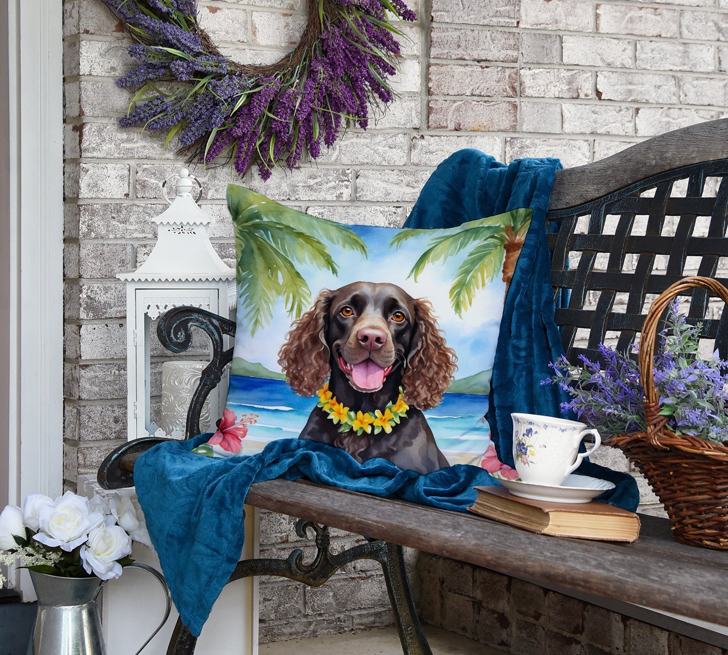 American Water Spaniel Luau Decorative Throw Pillow 18x18 Indoor Outdoor Accent Cushion, Fabric Cover with Insert for Sofa, Bed, Porch & Living Room
