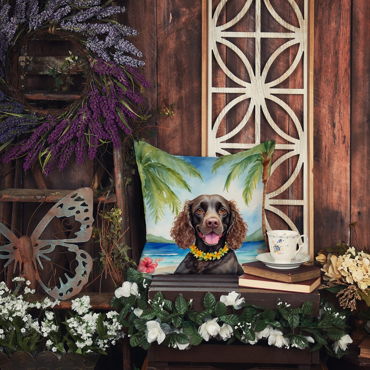 American Water Spaniel Luau Decorative Throw Pillow 18x18 Indoor Outdoor Accent Cushion, Fabric Cover with Insert for Sofa, Bed, Porch & Living Room