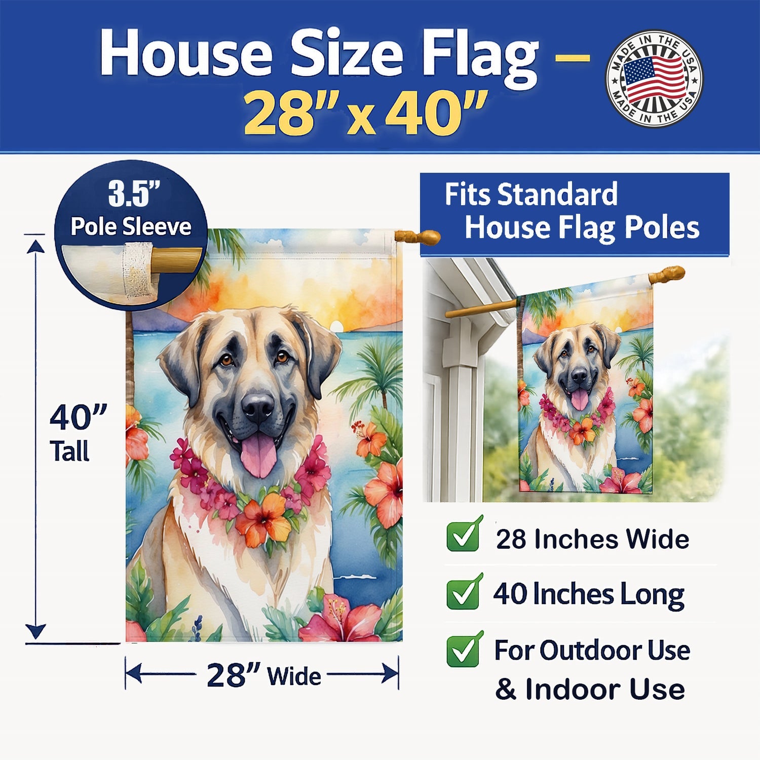 Anatolian Shepherd Luau House Flag 28x40 Porch Sleeve Pole Decorative Outside Yard Banner Artwork Wall Hanging, Polyester