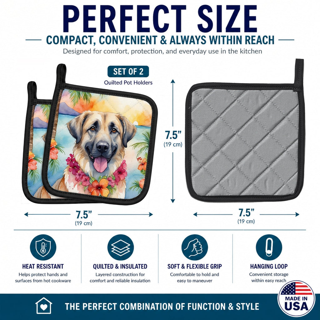 Anatolian Shepherd Luau Pot Holder Set of 2 Heat Resistant Quilted Hot Pads 7.5 x 7.5 Inch, Insulated Kitchen Trivets for Cooking & Baking