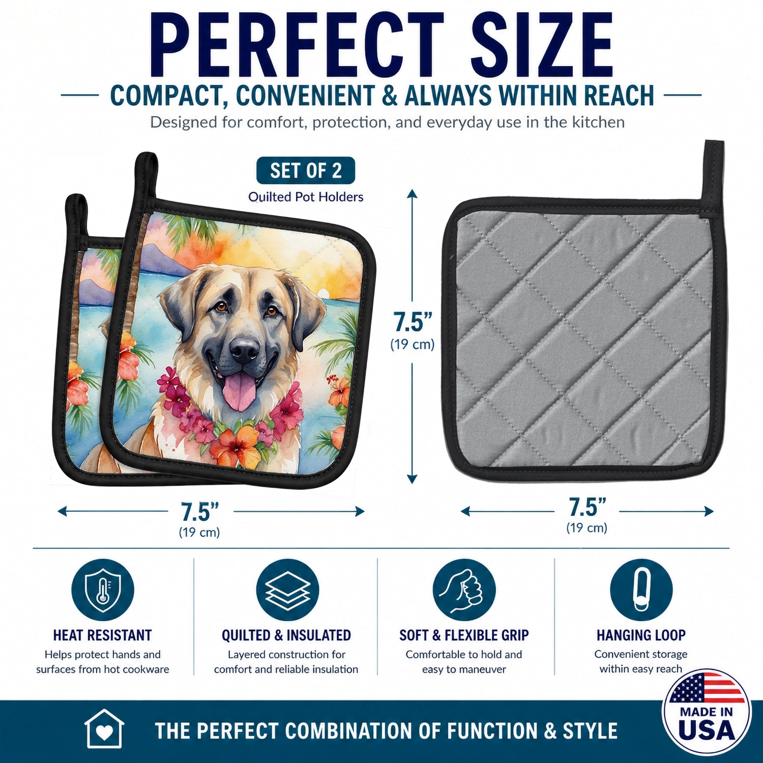 Anatolian Shepherd Luau Pot Holder Set of 2 Heat Resistant Quilted Hot Pads 7.5 x 7.5 Inch, Insulated Kitchen Trivets for Cooking & Baking