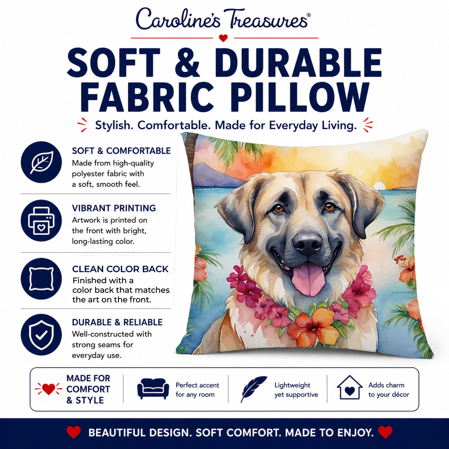Anatolian Shepherd Luau Decorative Throw Pillow 14x14 Indoor Outdoor Accent Cushion, Fabric Cover with Insert for Sofa, Bed, Porch & Living Room
