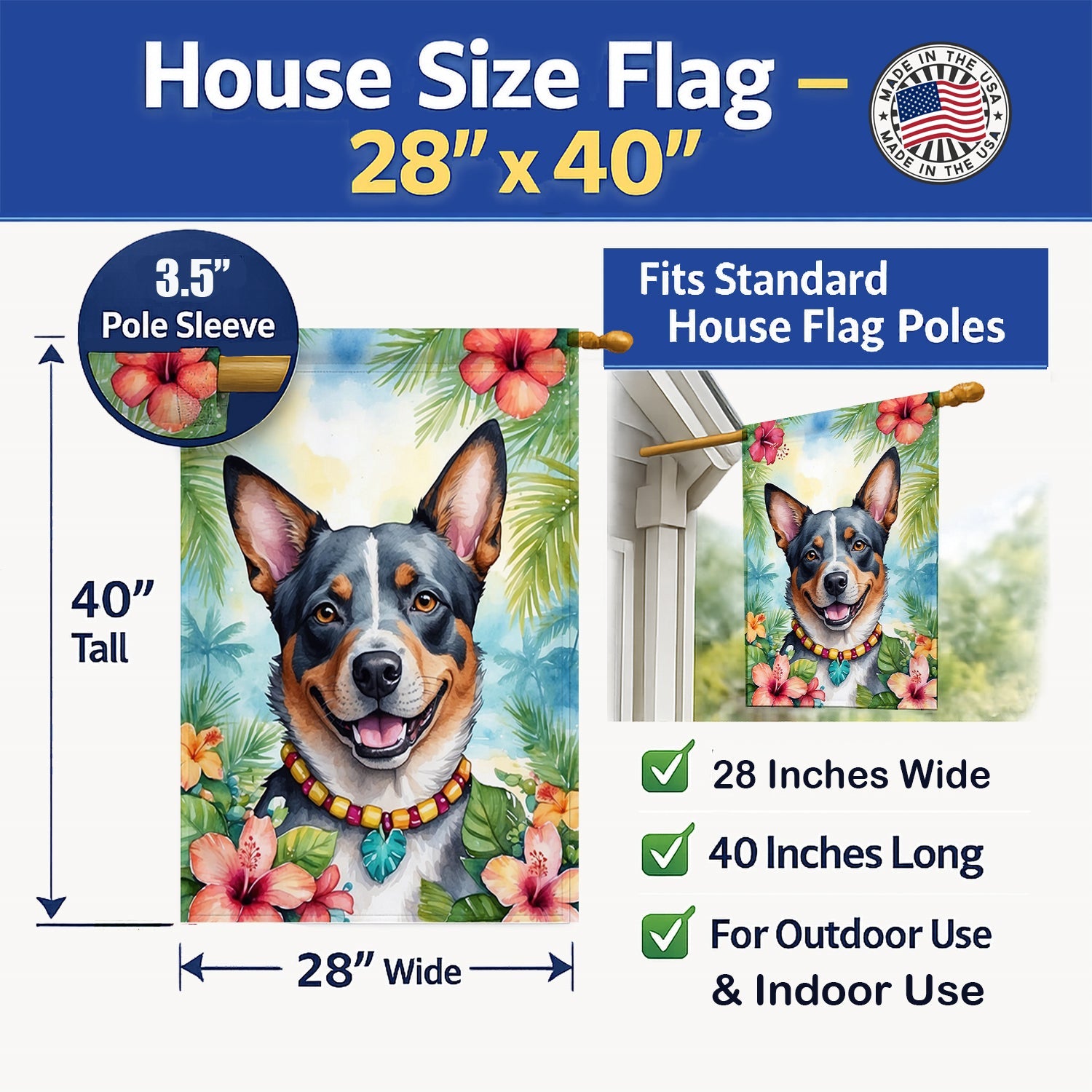 Australian Cattle Dog Luau House Flag 28x40 Porch Sleeve Pole Decorative Outside Yard Banner Artwork Wall Hanging, Polyester