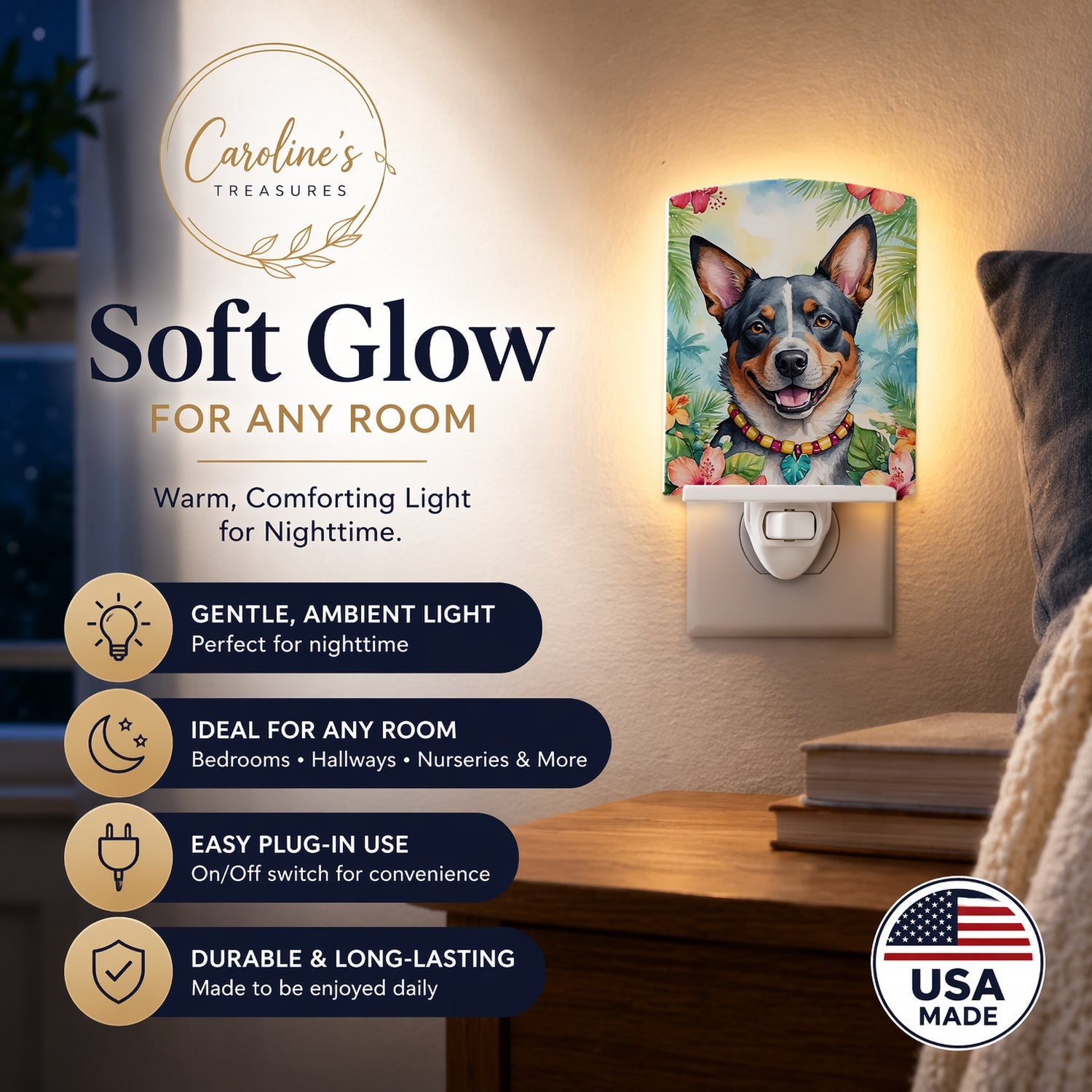 Australian Cattle Dog Luau Ceramic Night Light Compact, UL-Certified, Ideal for Bedroom, Bathroom, Nursery, Hallway, Kitchen, 6x4x3, Multicolor