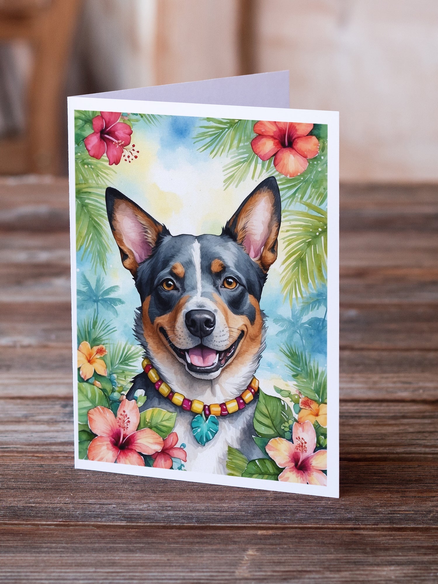Australian Cattle Dog Luau Greeting Cards Pack of 8 Blank Cards with Envelopes Whimsical A7 Size 5x7