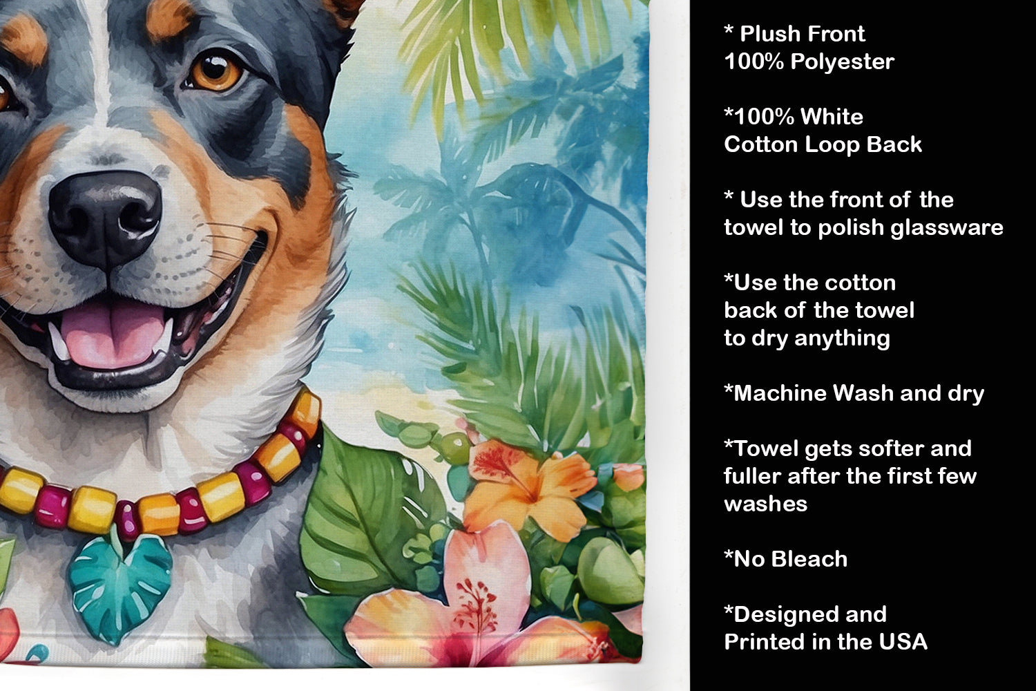 Australian Cattle Dog Luau Kitchen Towel Velour Plush Front and Cotton Loop Back Machine Washable
