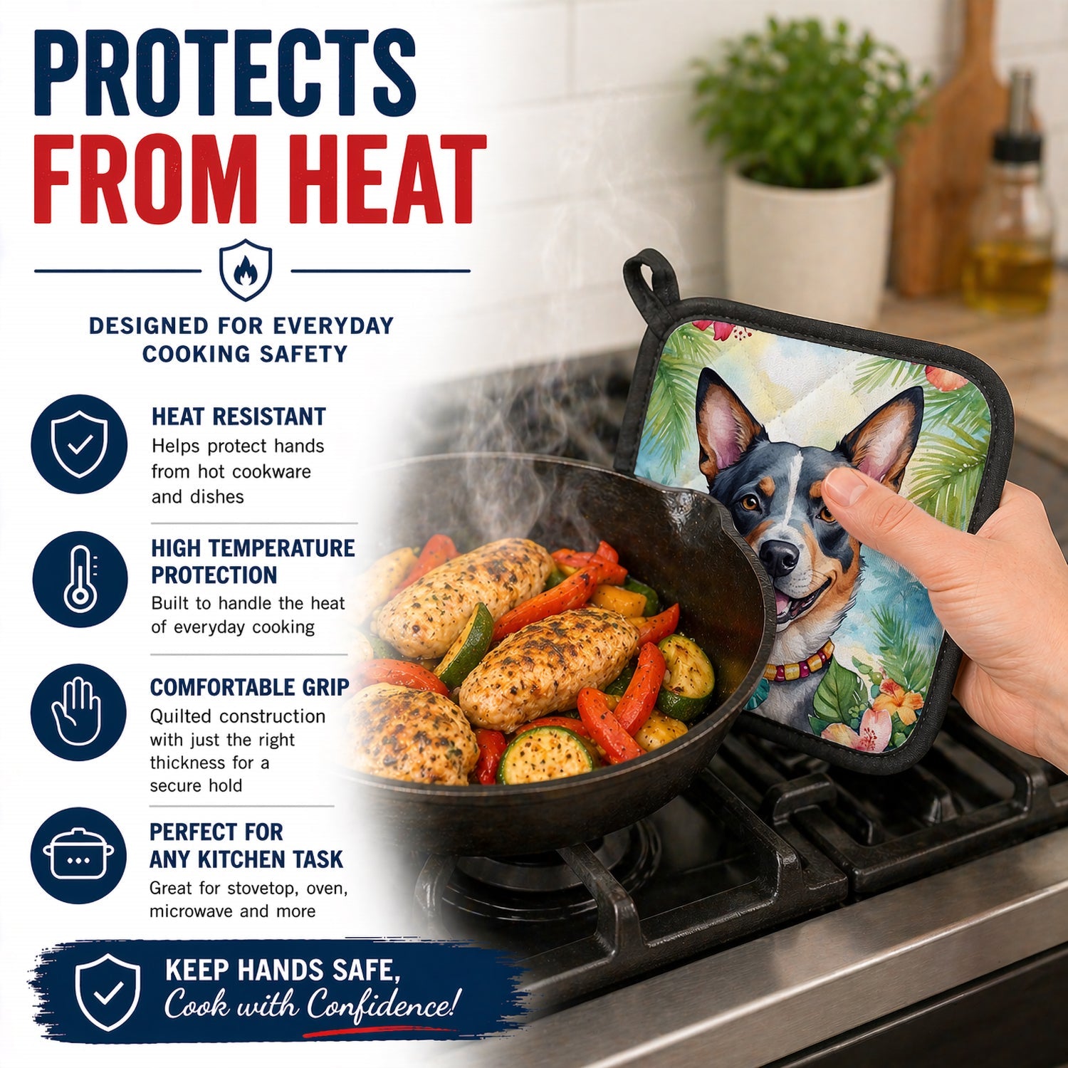 Australian Cattle Dog Luau Pot Holder Set of 2 Heat Resistant Quilted Hot Pads 7.5 x 7.5 Inch, Insulated Kitchen Trivets for Cooking & Baking