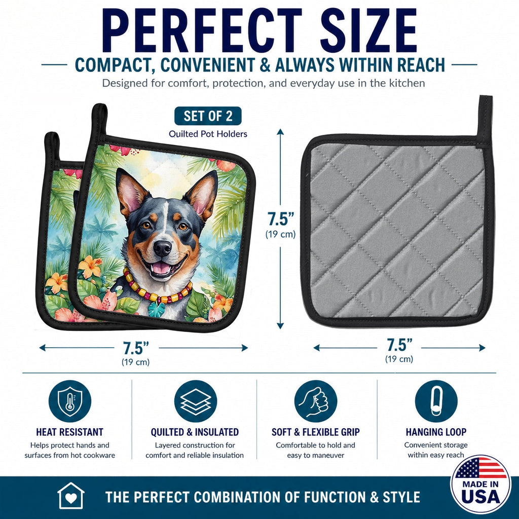 Australian Cattle Dog Luau Pot Holder Set of 2 Heat Resistant Quilted Hot Pads 7.5 x 7.5 Inch, Insulated Kitchen Trivets for Cooking & Baking