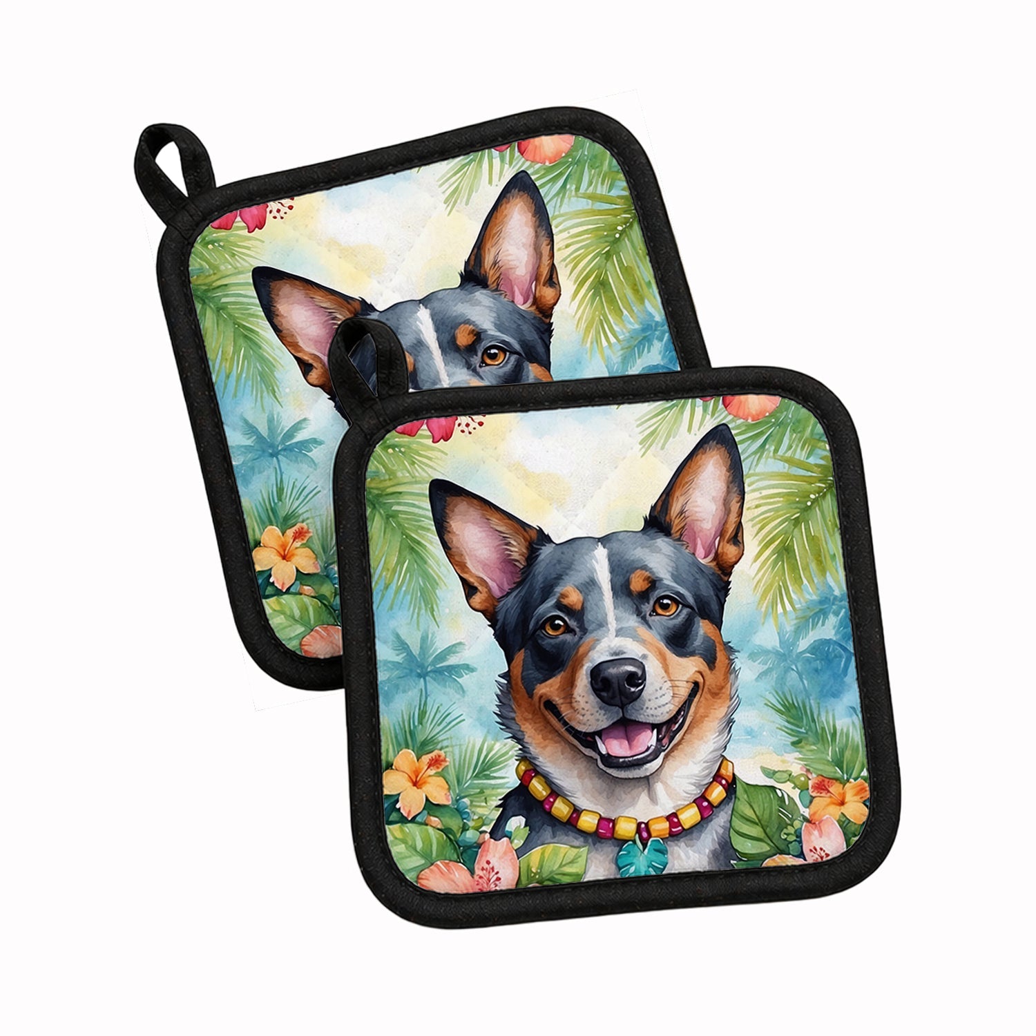 Australian Cattle Dog Luau Pot Holder Set of 2 Heat Resistant Quilted Hot Pads 7.5 x 7.5 Inch, Insulated Kitchen Trivets for Cooking & Baking