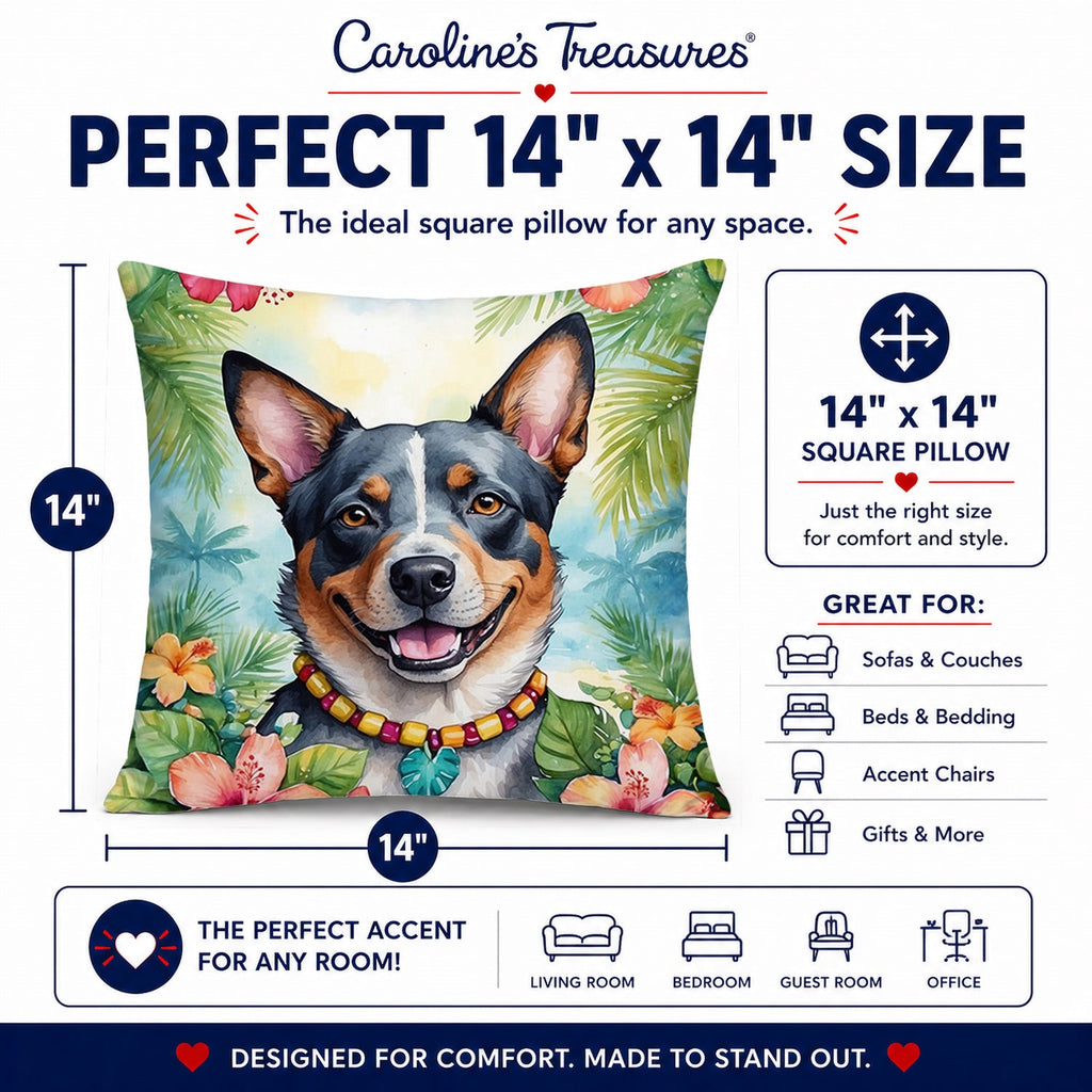Australian Cattle Dog Luau Decorative Throw Pillow 14x14 Indoor Outdoor Accent Cushion, Fabric Cover with Insert for Sofa, Bed, Porch & Living Room