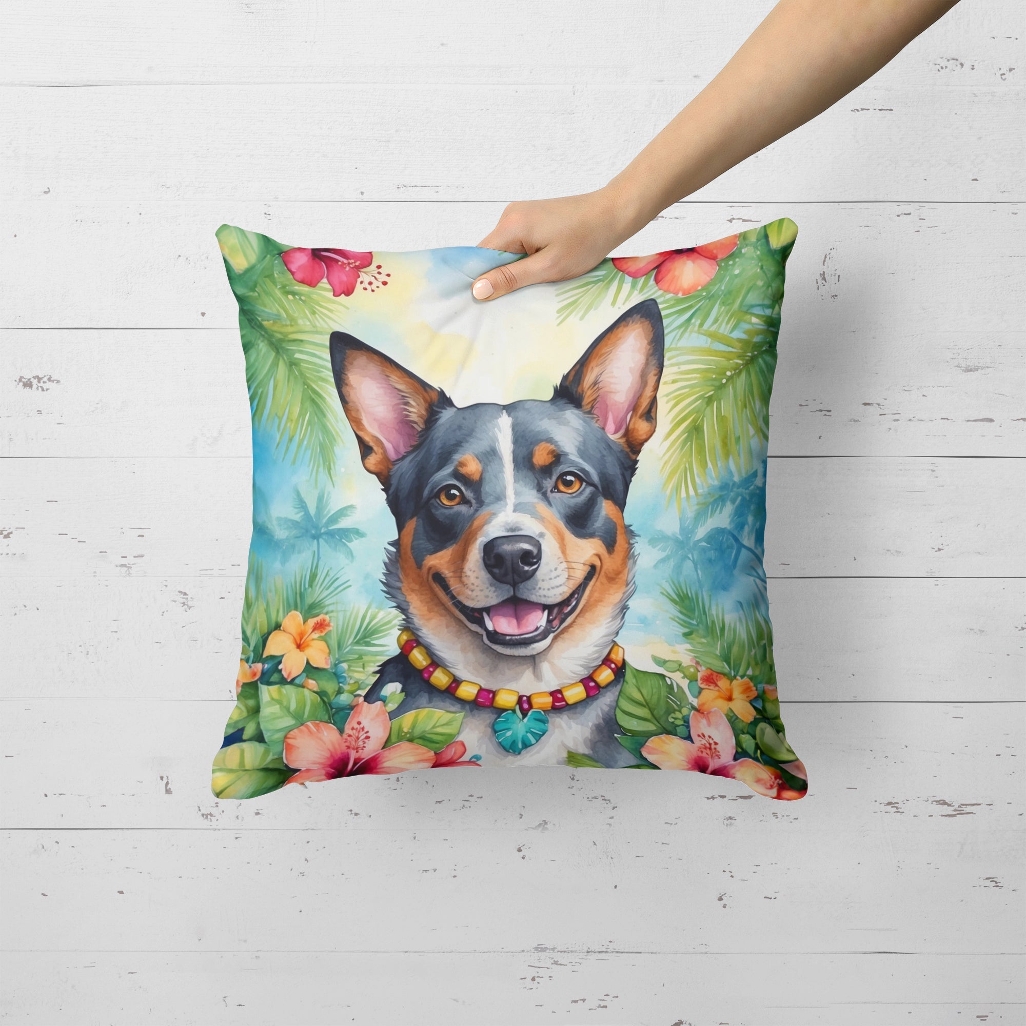 Australian Cattle Dog Luau Decorative Throw Pillow 18x18 Indoor Outdoor Accent Cushion, Fabric Cover with Insert for Sofa, Bed, Porch & Living Room