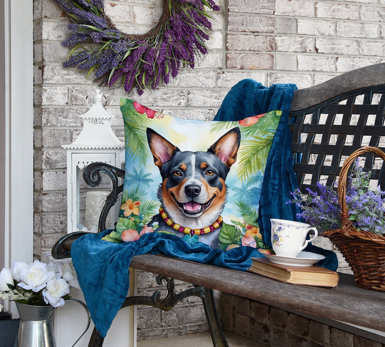 Australian Cattle Dog Luau Decorative Throw Pillow 18x18 Indoor Outdoor Accent Cushion, Fabric Cover with Insert for Sofa, Bed, Porch & Living Room