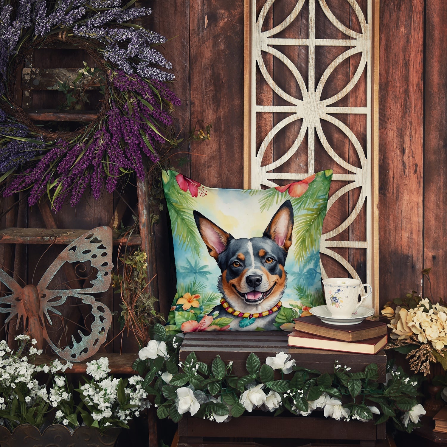 Australian Cattle Dog Luau Decorative Throw Pillow 18x18 Indoor Outdoor Accent Cushion, Fabric Cover with Insert for Sofa, Bed, Porch & Living Room