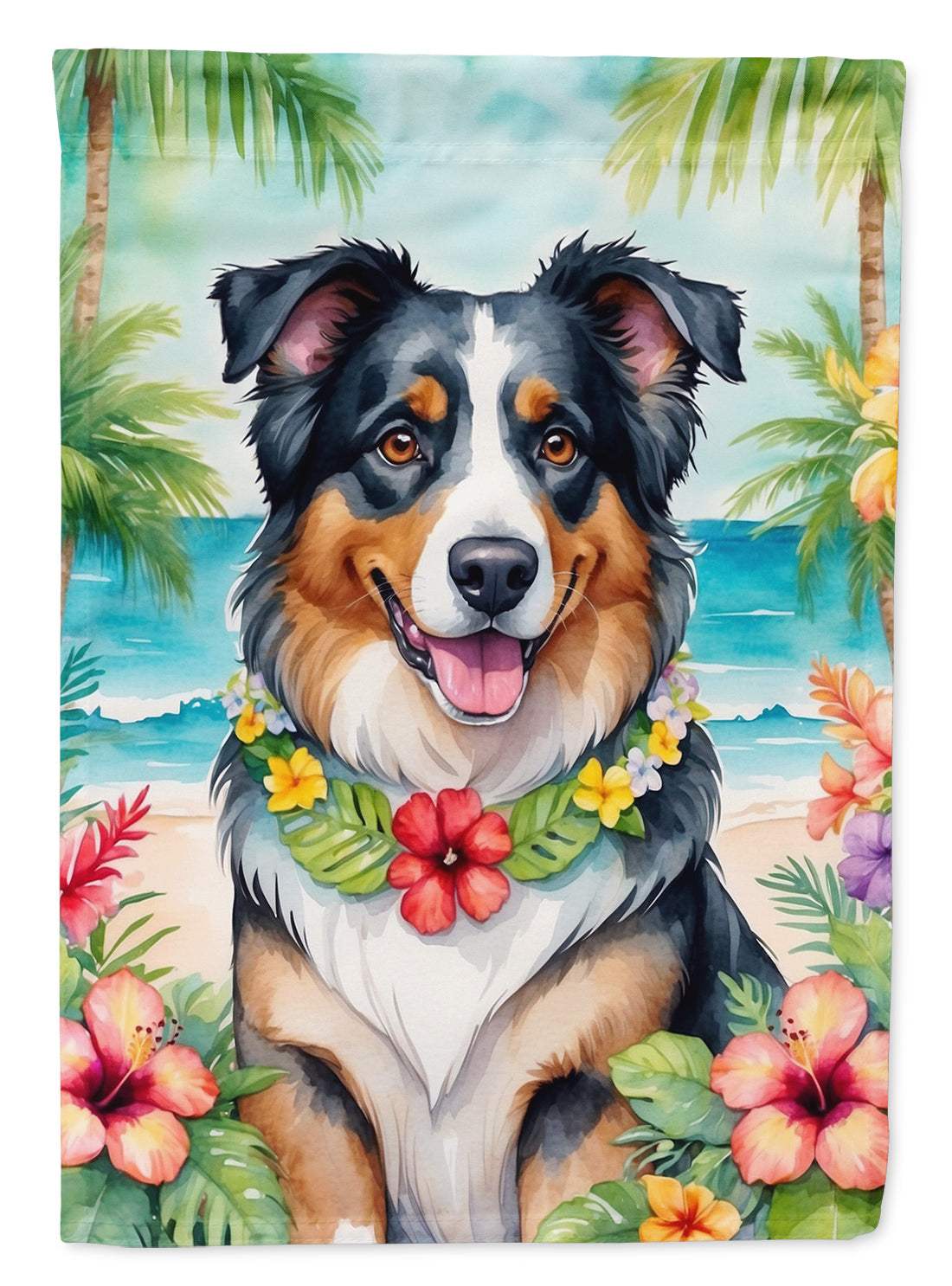 Australian Shepherd Luau House Flag 28x40 Porch Sleeve Pole Decorative Outside Yard Banner Artwork Wall Hanging, Polyester