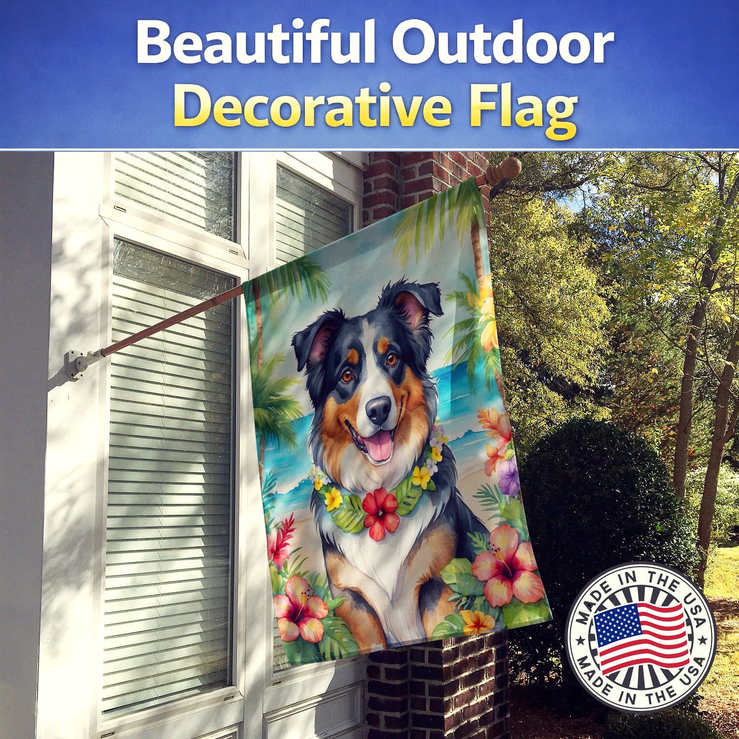 Australian Shepherd Luau House Flag 28x40 Porch Sleeve Pole Decorative Outside Yard Banner Artwork Wall Hanging, Polyester