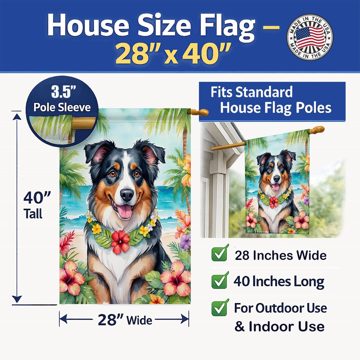 Australian Shepherd Luau House Flag 28x40 Porch Sleeve Pole Decorative Outside Yard Banner Artwork Wall Hanging, Polyester