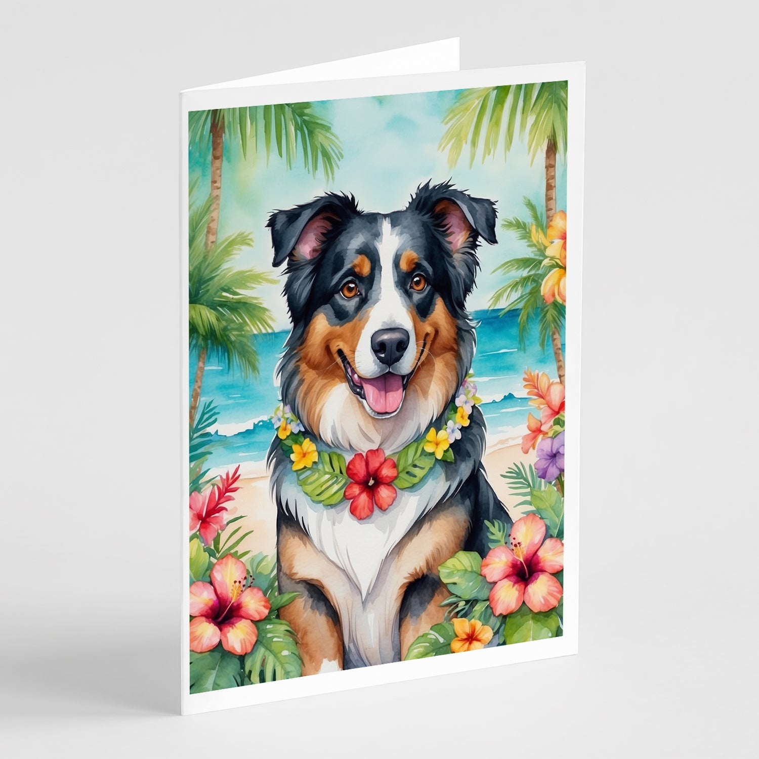 Australian Shepherd Luau Greeting Cards Pack of 8 Blank Cards with Envelopes Whimsical A7 Size 5x7