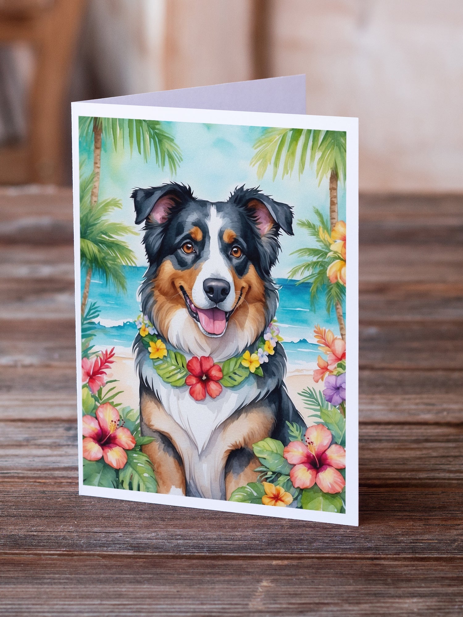 Australian Shepherd Luau Greeting Cards Pack of 8 Blank Cards with Envelopes Whimsical A7 Size 5x7