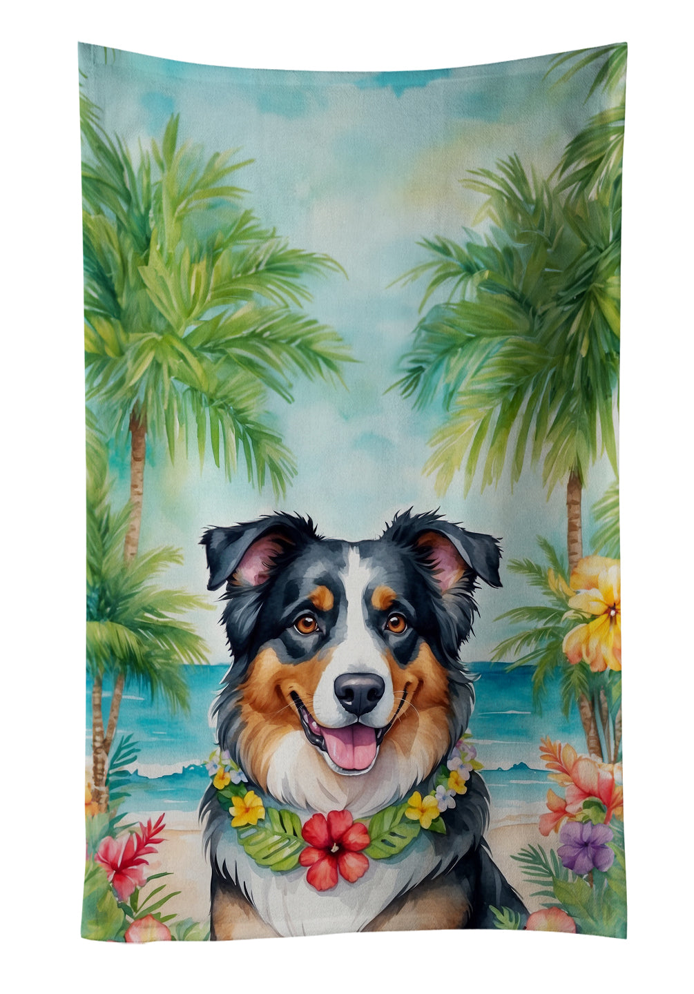 Australian Shepherd Luau Kitchen Towel Velour Plush Front and Cotton Loop Back Machine Washable