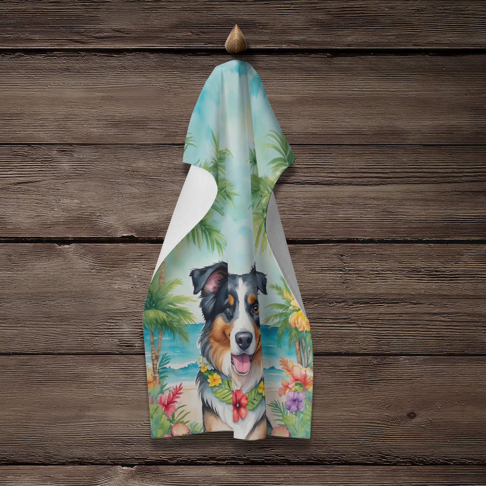 Australian Shepherd Luau Kitchen Towel Velour Plush Front and Cotton Loop Back Machine Washable