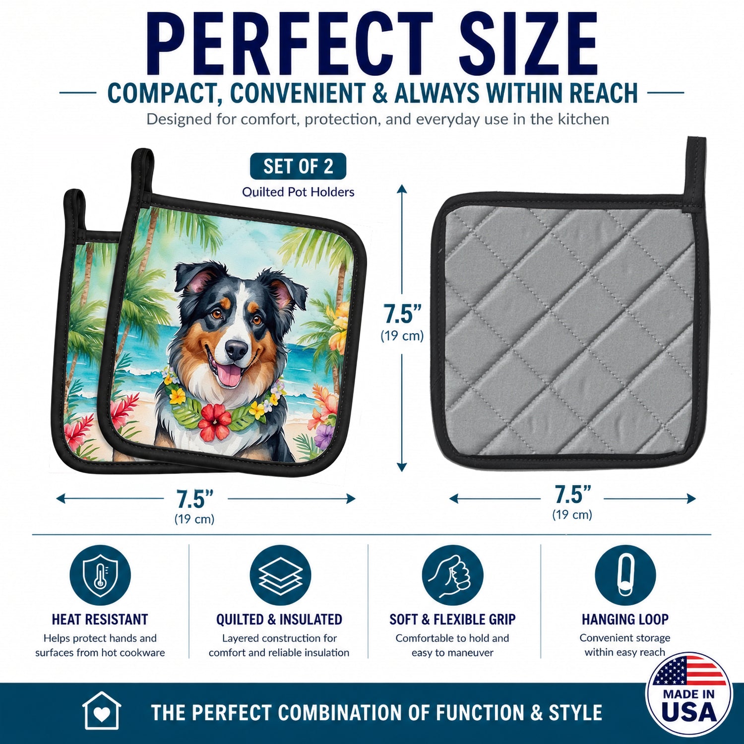 Australian Shepherd Luau Pot Holder Set of 2 Heat Resistant Quilted Hot Pads 7.5 x 7.5 Inch, Insulated Kitchen Trivets for Cooking & Baking