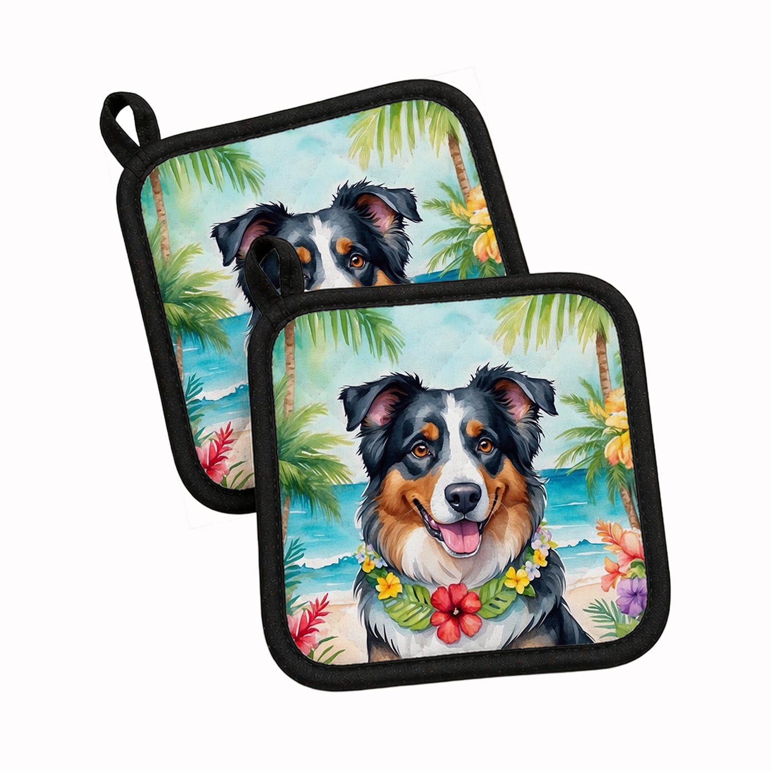 Australian Shepherd Luau Pot Holder Set of 2 Heat Resistant Quilted Hot Pads 7.5 x 7.5 Inch, Insulated Kitchen Trivets for Cooking & Baking