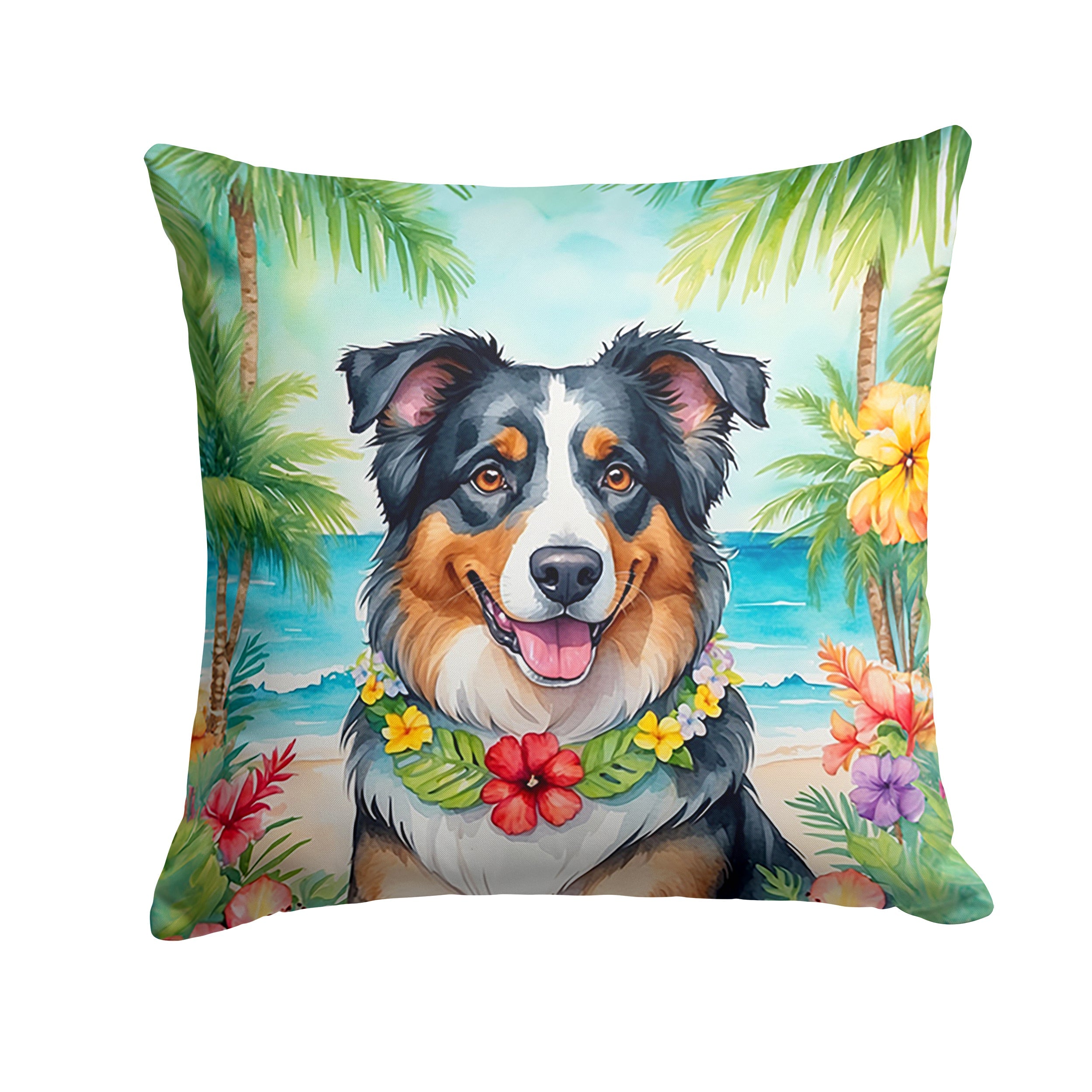 Australian Shepherd Luau Decorative Throw Pillow 14x14 Indoor Outdoor Accent Cushion, Fabric Cover with Insert for Sofa, Bed, Porch & Living Room