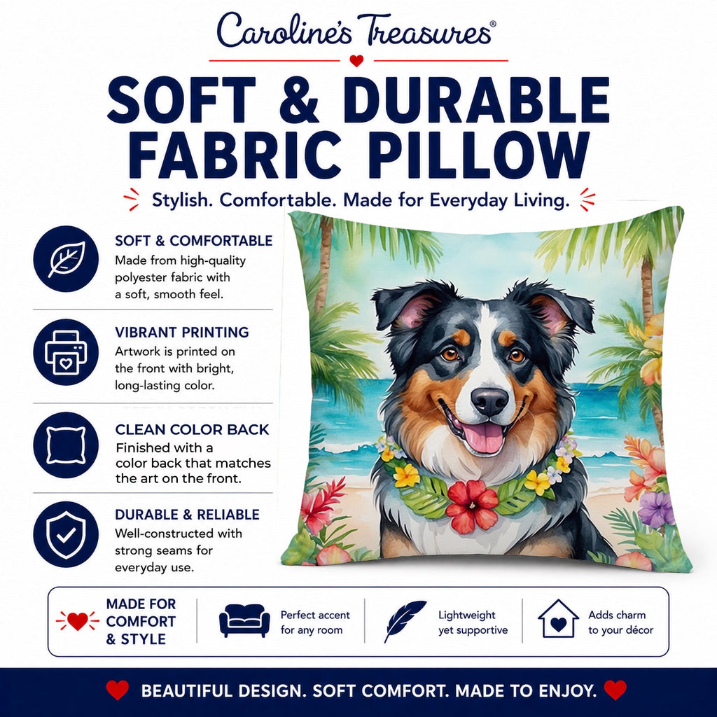 Australian Shepherd Luau Decorative Throw Pillow 14x14 Indoor Outdoor Accent Cushion, Fabric Cover with Insert for Sofa, Bed, Porch & Living Room