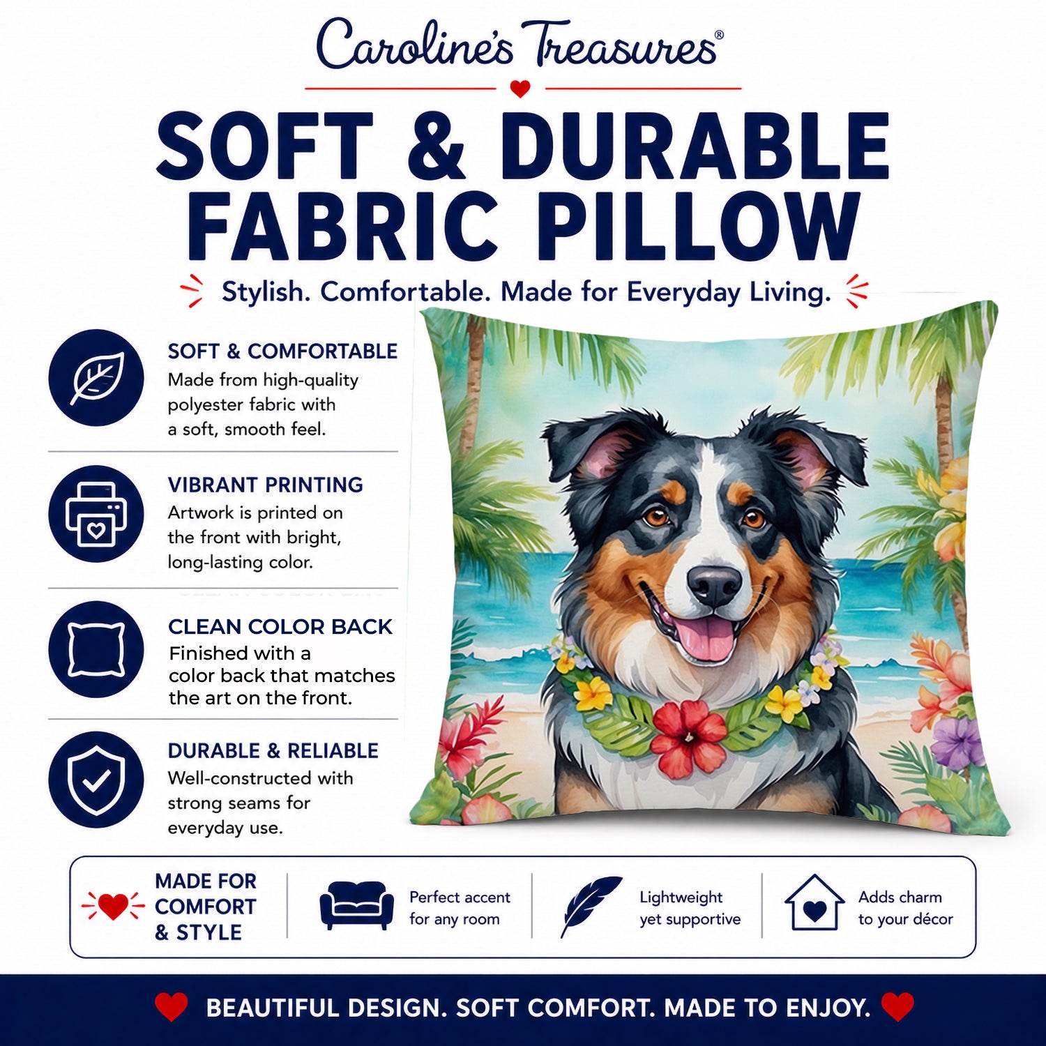Australian Shepherd Luau Decorative Throw Pillow 14x14 Indoor Outdoor Accent Cushion, Fabric Cover with Insert for Sofa, Bed, Porch & Living Room