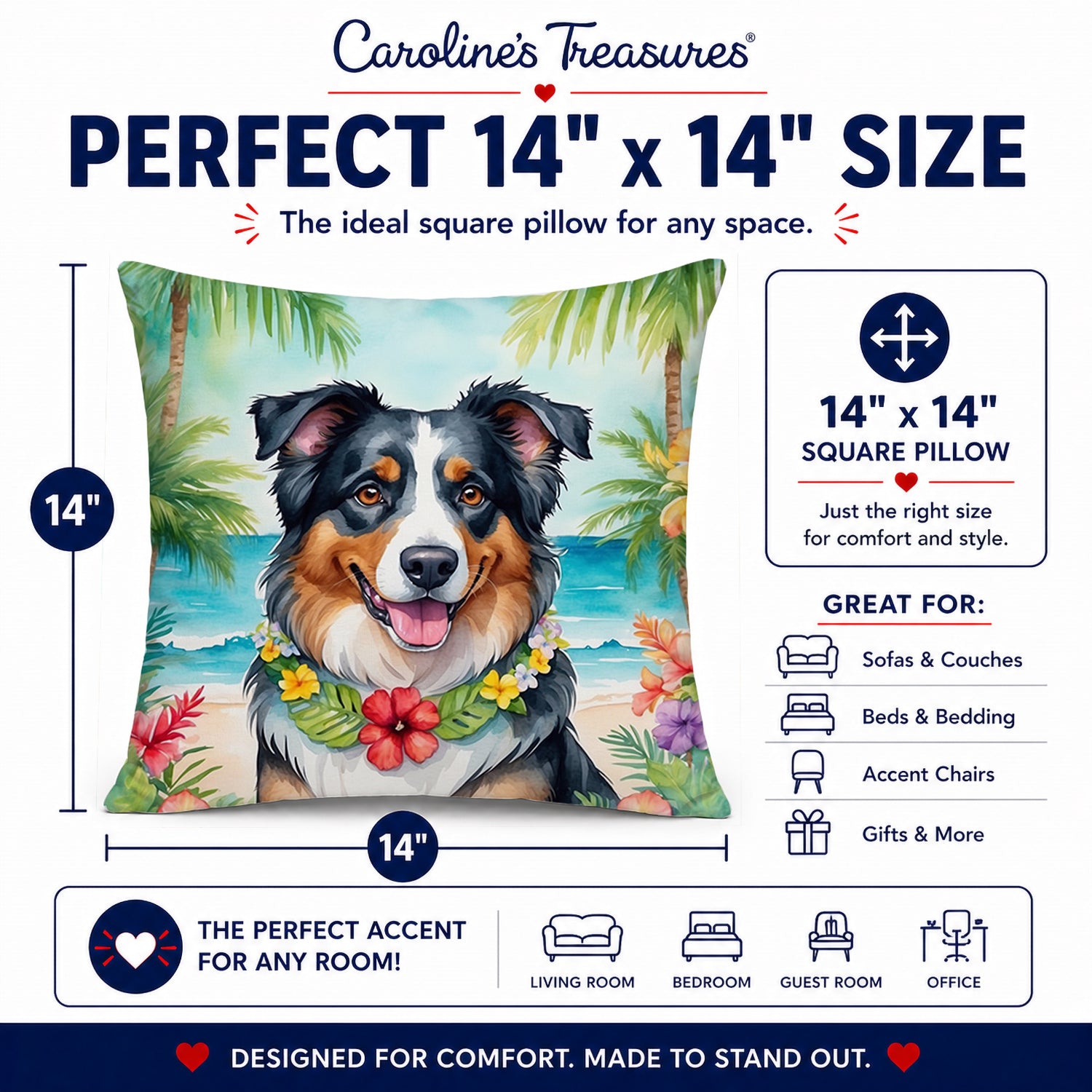 Australian Shepherd Luau Decorative Throw Pillow 14x14 Indoor Outdoor Accent Cushion, Fabric Cover with Insert for Sofa, Bed, Porch & Living Room