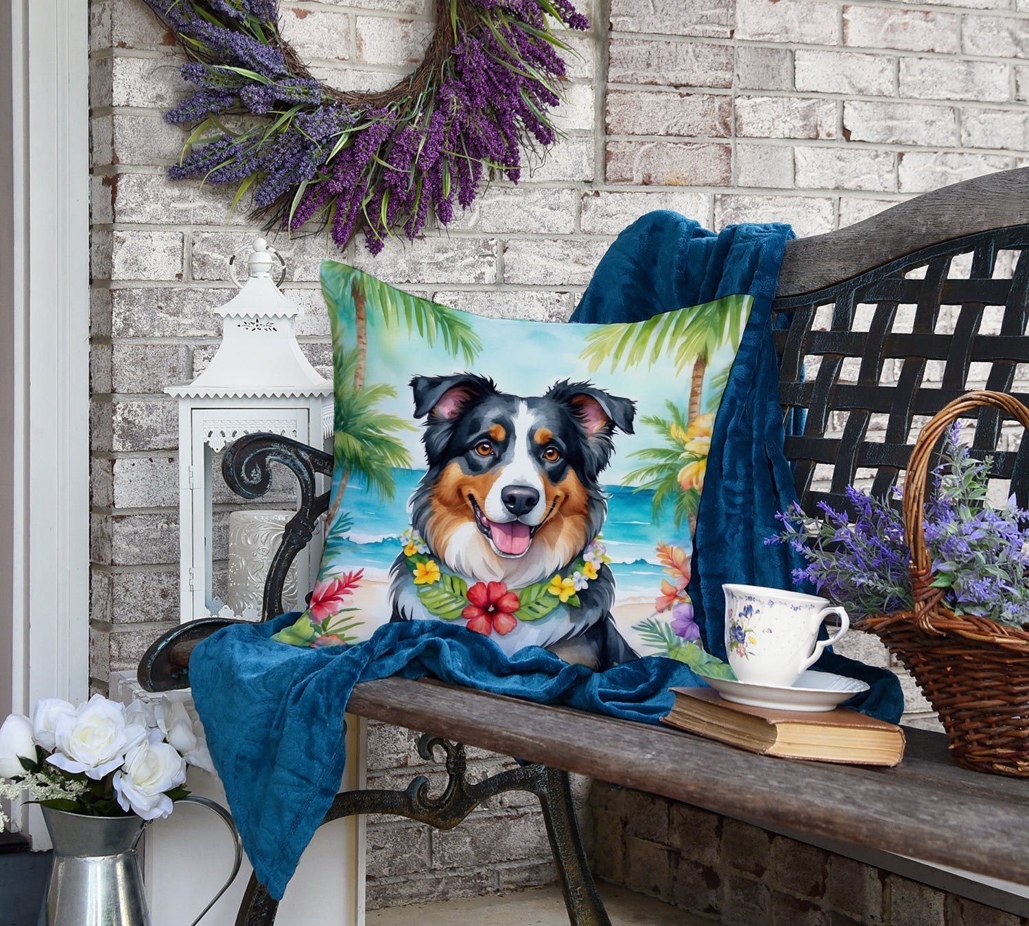 Australian Shepherd Luau Decorative Throw Pillow 18x18 Indoor Outdoor Accent Cushion, Fabric Cover with Insert for Sofa, Bed, Porch & Living Room