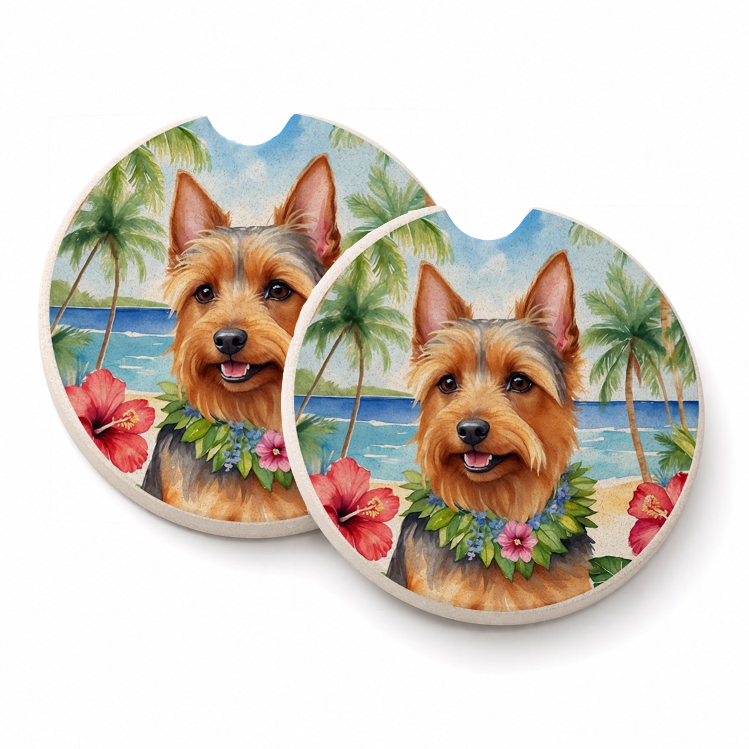 Australian Terrier Luau Set of 2 Cup Holder Car Coasters Absorbent Round Sandstone Coasters Gifts for Men or Women, 2.5, Multicolor