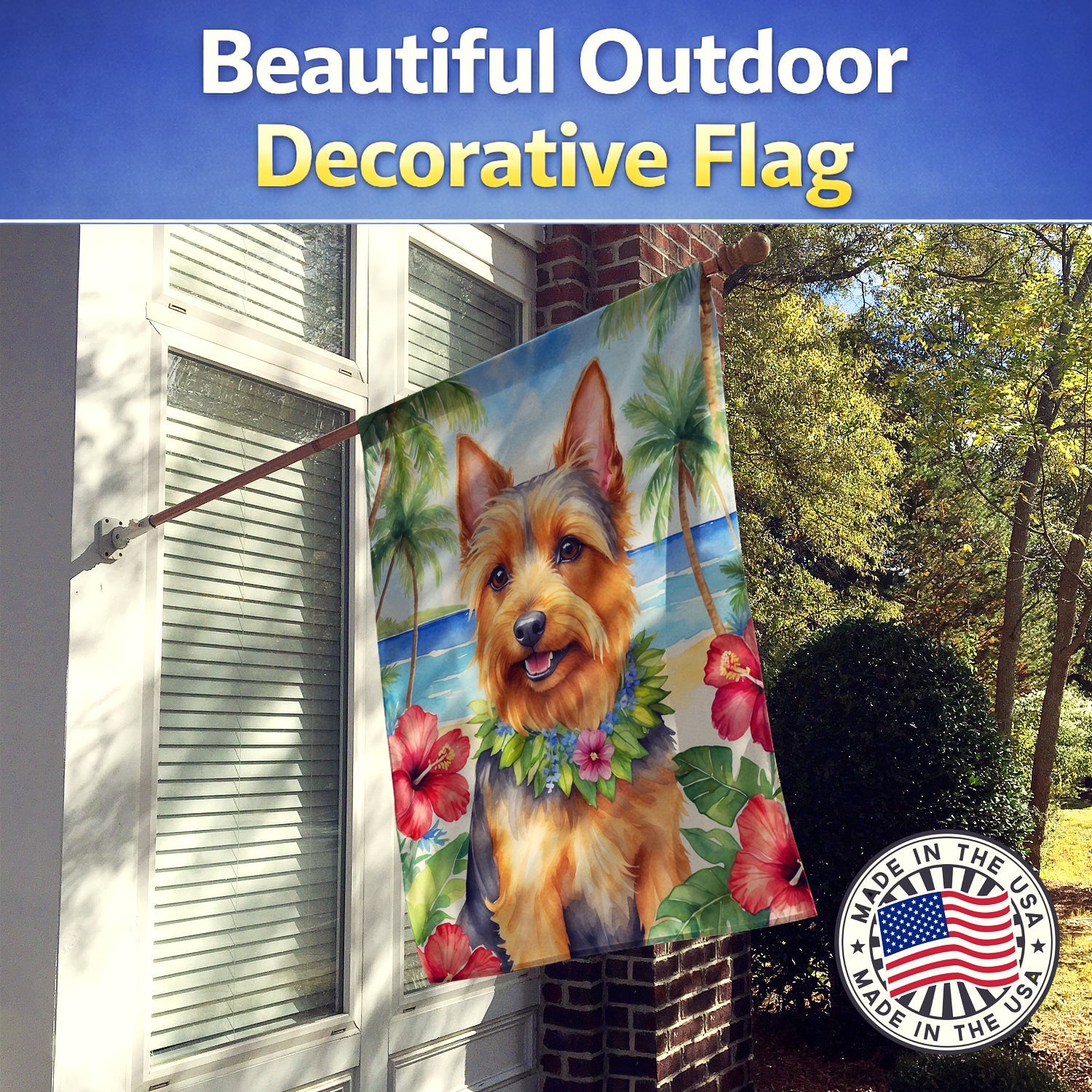 Australian Terrier Luau House Flag 28x40 Porch Sleeve Pole Decorative Outside Yard Banner Artwork Wall Hanging, Polyester