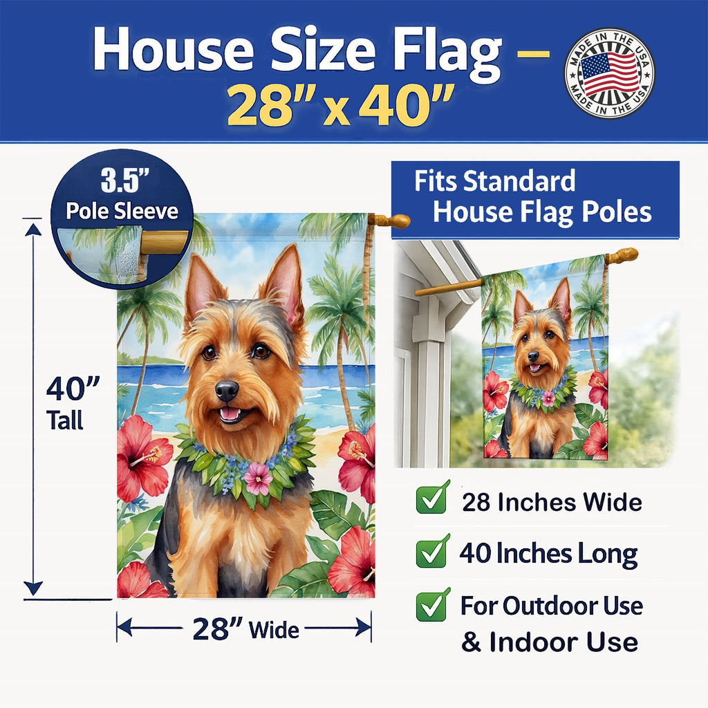 Australian Terrier Luau House Flag 28x40 Porch Sleeve Pole Decorative Outside Yard Banner Artwork Wall Hanging, Polyester