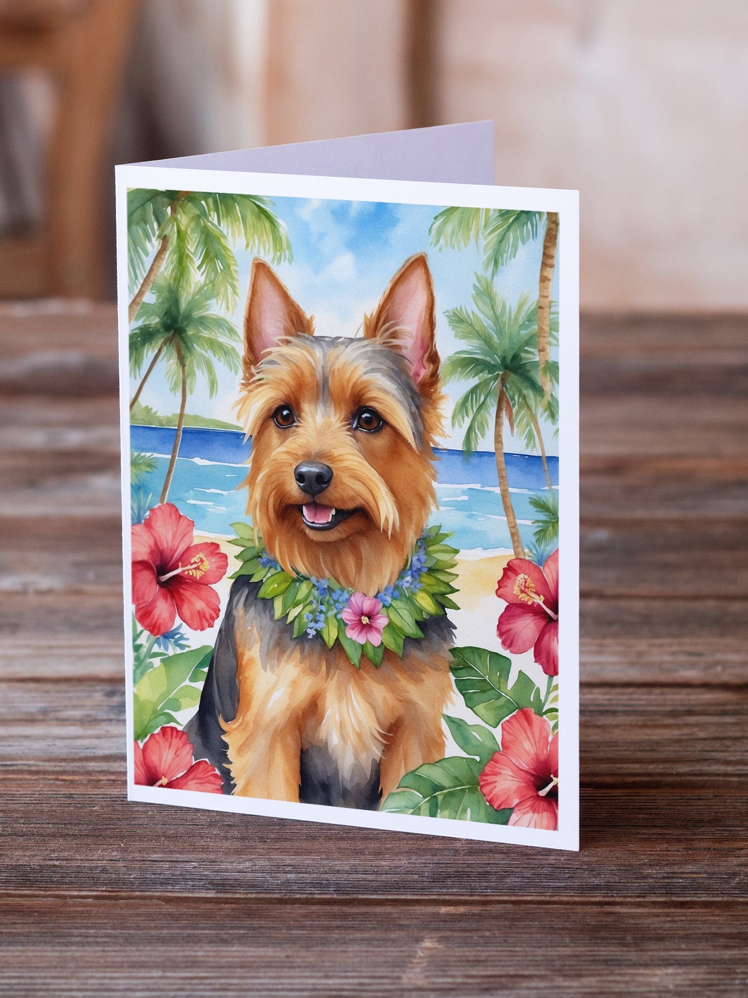 Australian Terrier Luau Greeting Cards Pack of 8 Blank Cards with Envelopes Whimsical A7 Size 5x7