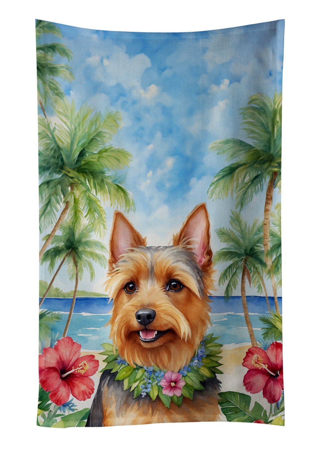 Australian Terrier Luau Kitchen Towel Velour Plush Front and Cotton Loop Back Machine Washable