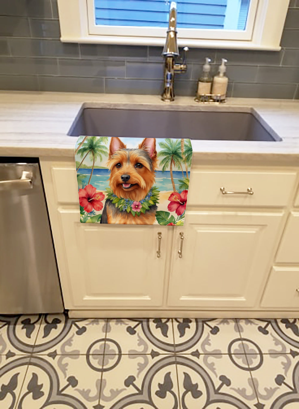 Australian Terrier Luau Kitchen Towel Velour Plush Front and Cotton Loop Back Machine Washable